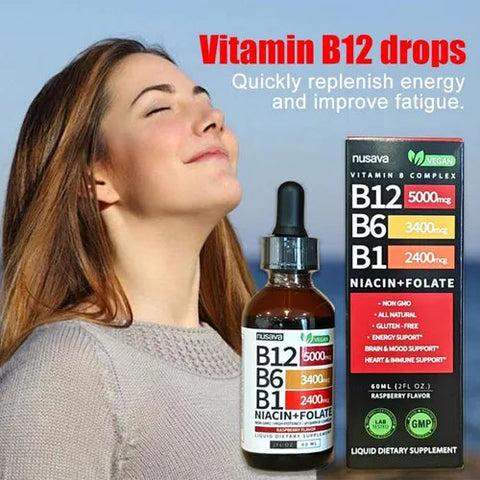 Vitamina B12 5000 mcg en Gotas Nusava – Complejo B Líquido Alta Potencia (2 Frascos)